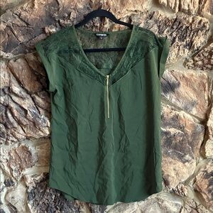 Express Olive Green Women's Blouse with Lace and Zipper